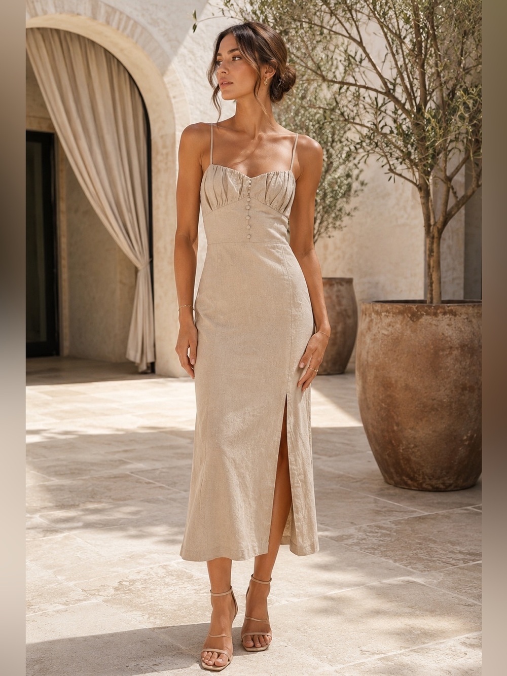 Zara Beige Double-Strap Midi Dress with Front Slit